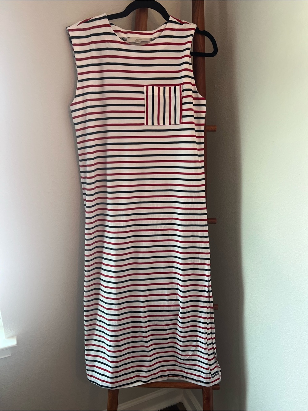 Loft Sleeveless Striped Midi Dress in White, Red & Navy